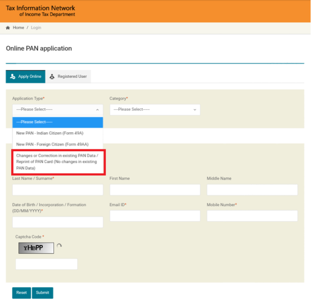 Changes or correction in existing PAN data