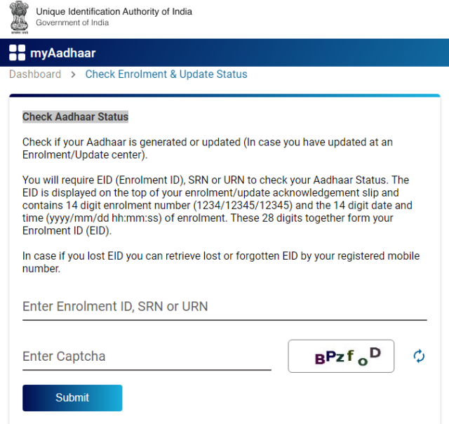 Check Aadhaar Status by srn number