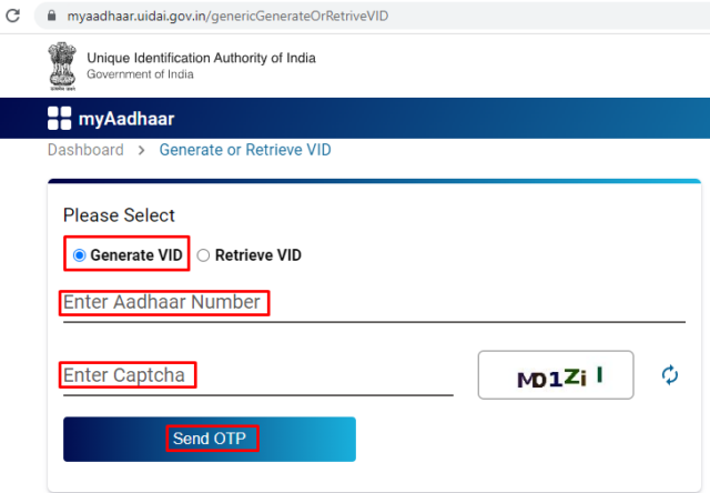 Generate VID option for aadhar card