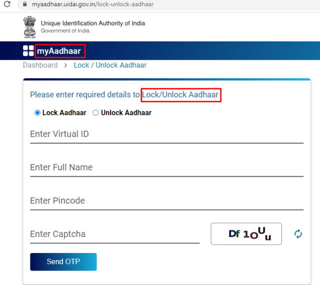 Online Lock and Unlock Aadhaar Option