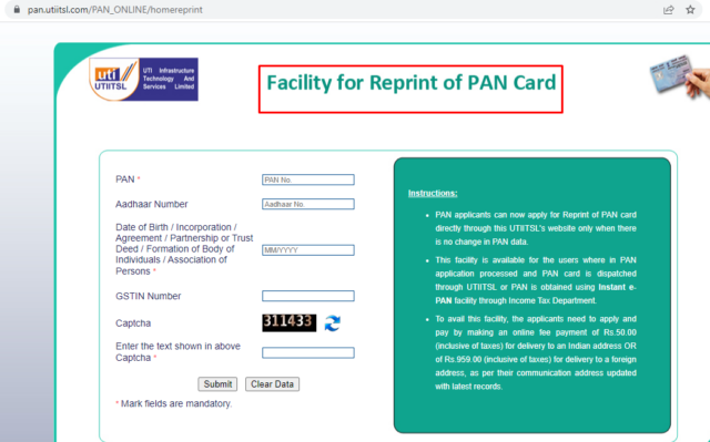 fill details for Reprint PAN