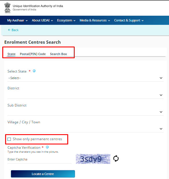 Enrolment Centres Search