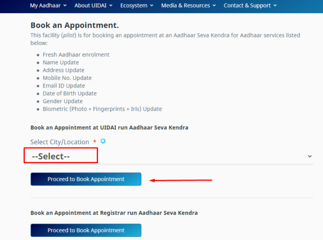 Booking Appointment at Aadhaar seva kendra