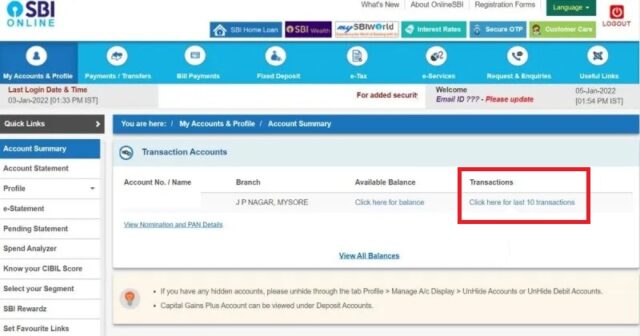 SBI Mini Statement check by net banking