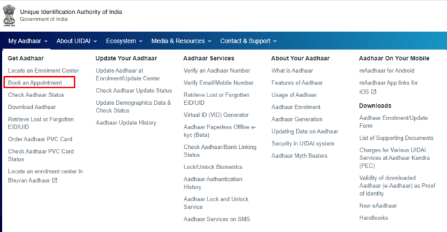 Book an Appointment at UIDAI