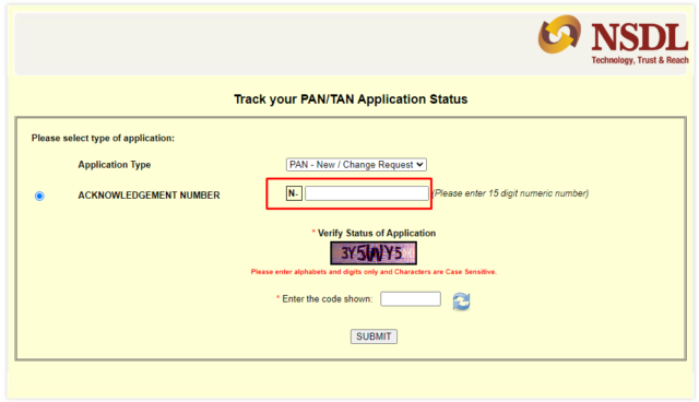 pan acknowledgement Number