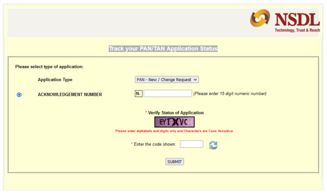 check pan card status by acknowledgement number