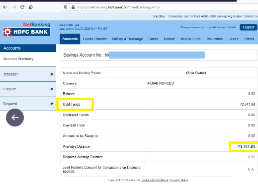 Lien Amount in HDFC Bank