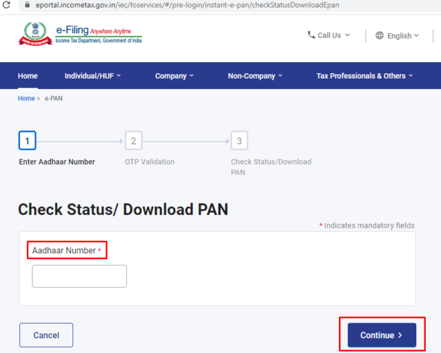 instant pan card through aadhaar status