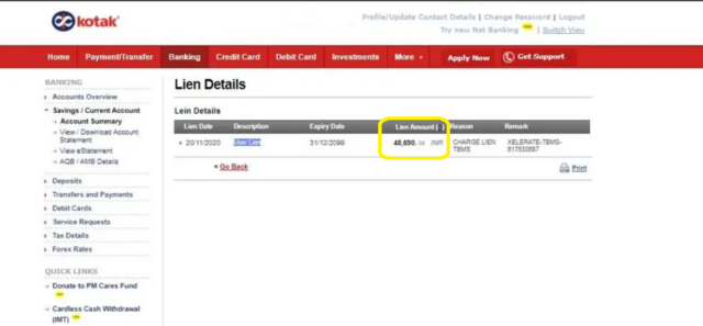 Lien Amount in a Kotak Bank Account