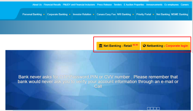 Select the option you wish for Canara Bank Net Banking 